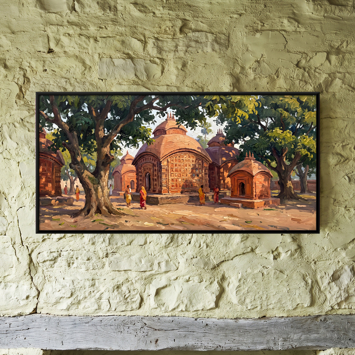 Terracotta Temples Beneath Trees - framed canvas art hung on a wall