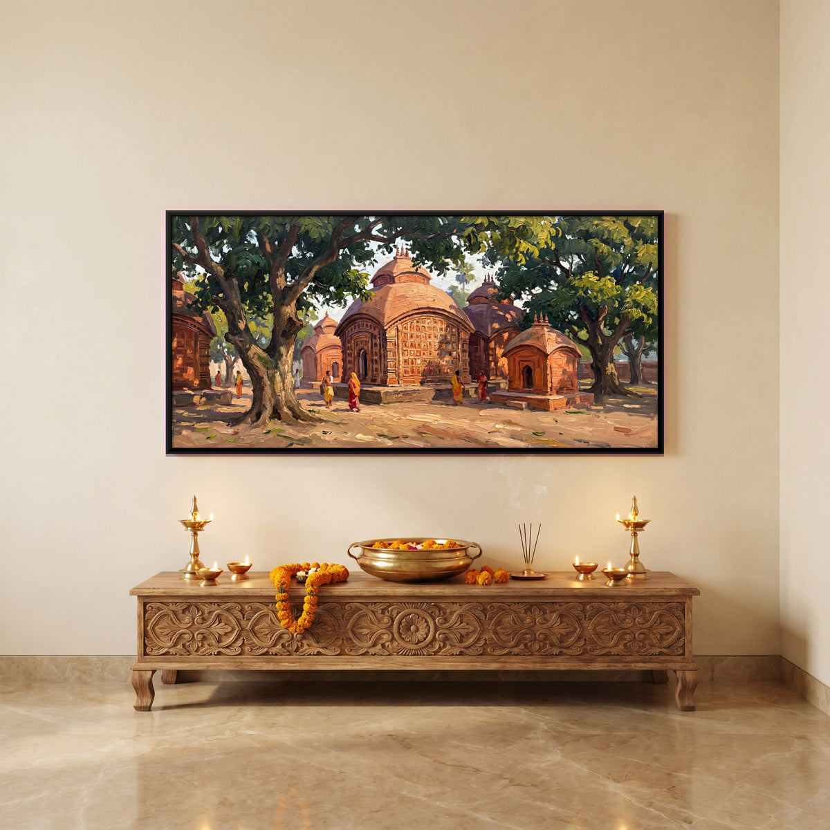 Terracotta Temples Beneath Trees - canvas art shown in a styled room