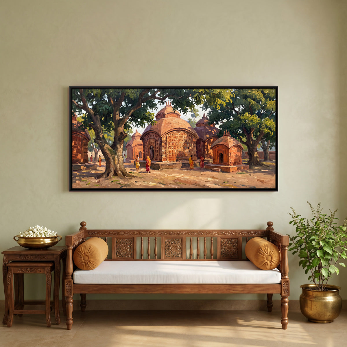 Terracotta Temples Beneath Trees - canvas art shown in a second room setting