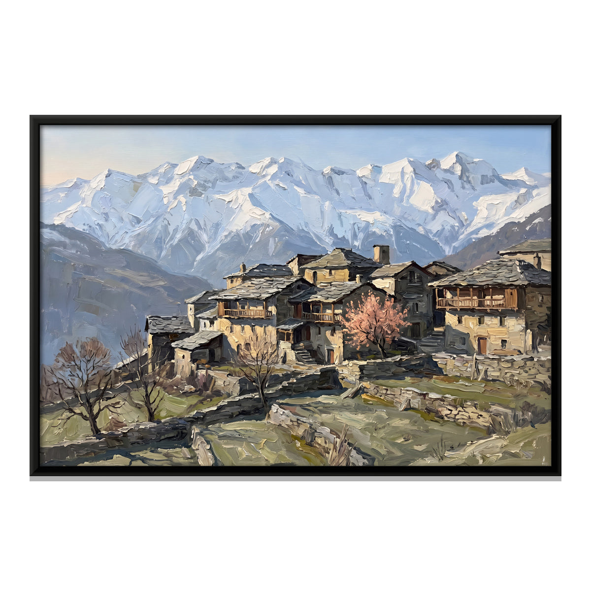 Slate-Roofed Himalayan Village - framed canvas print, front view