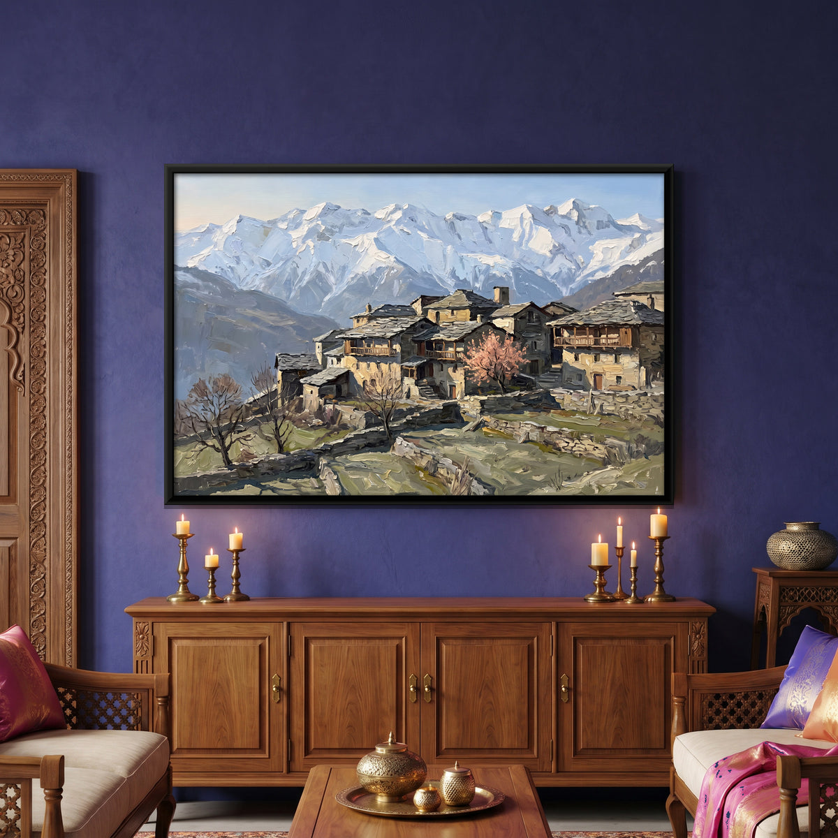 Slate-Roofed Himalayan Village - canvas art shown in a styled room