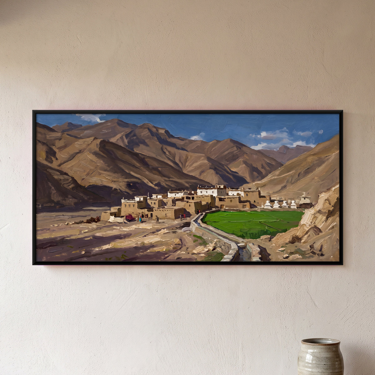 Himalayan Village and Green Fields - framed canvas art hung on a wall