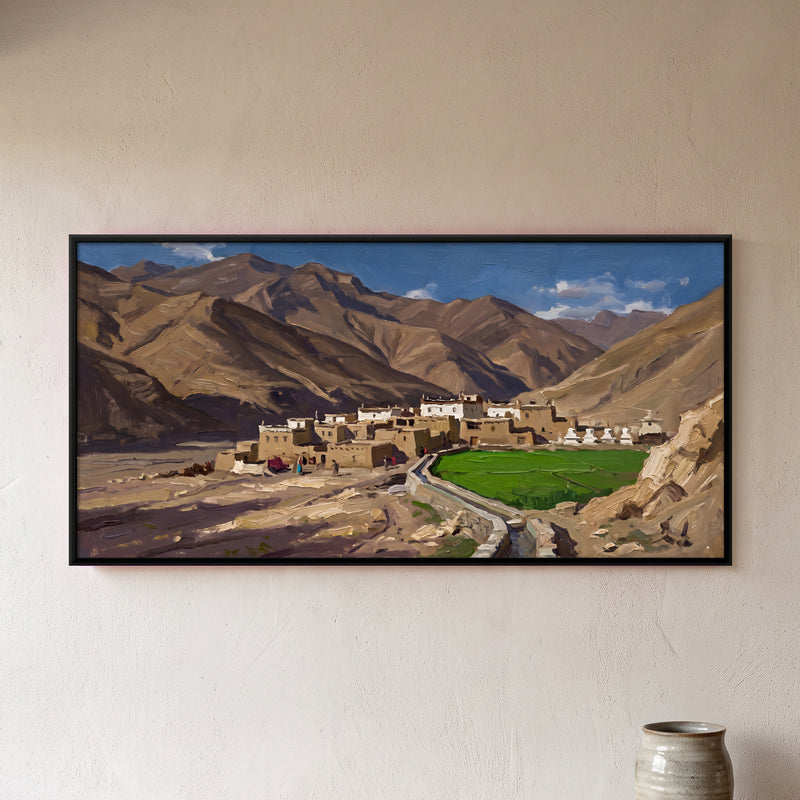 Himalayan Village and Green Fields - framed canvas art hung on a wall