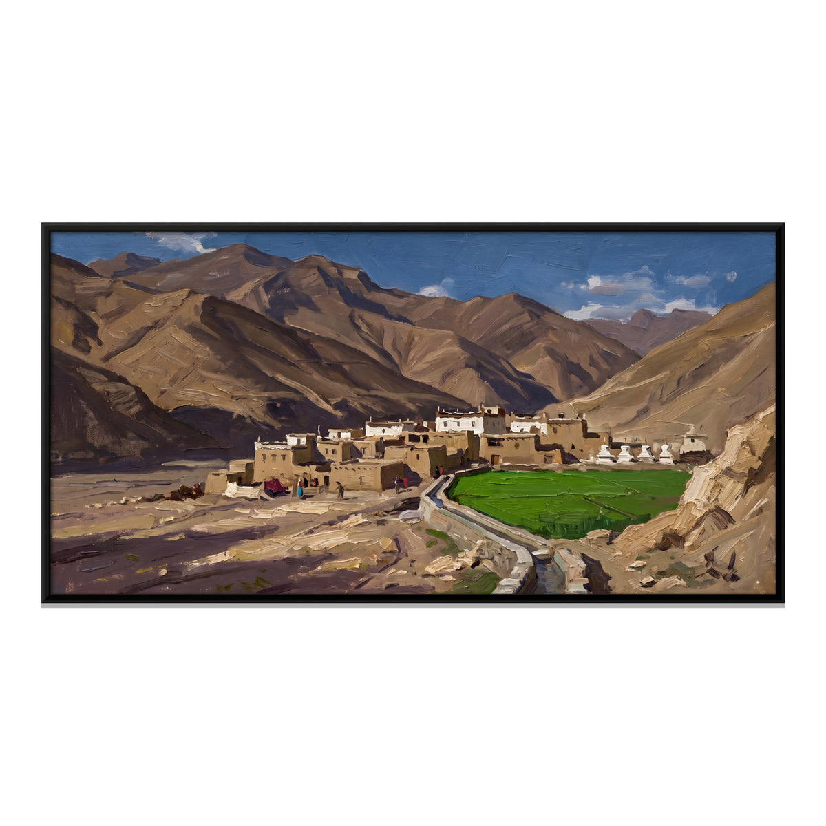 Himalayan Village and Green Fields - framed canvas print, front view