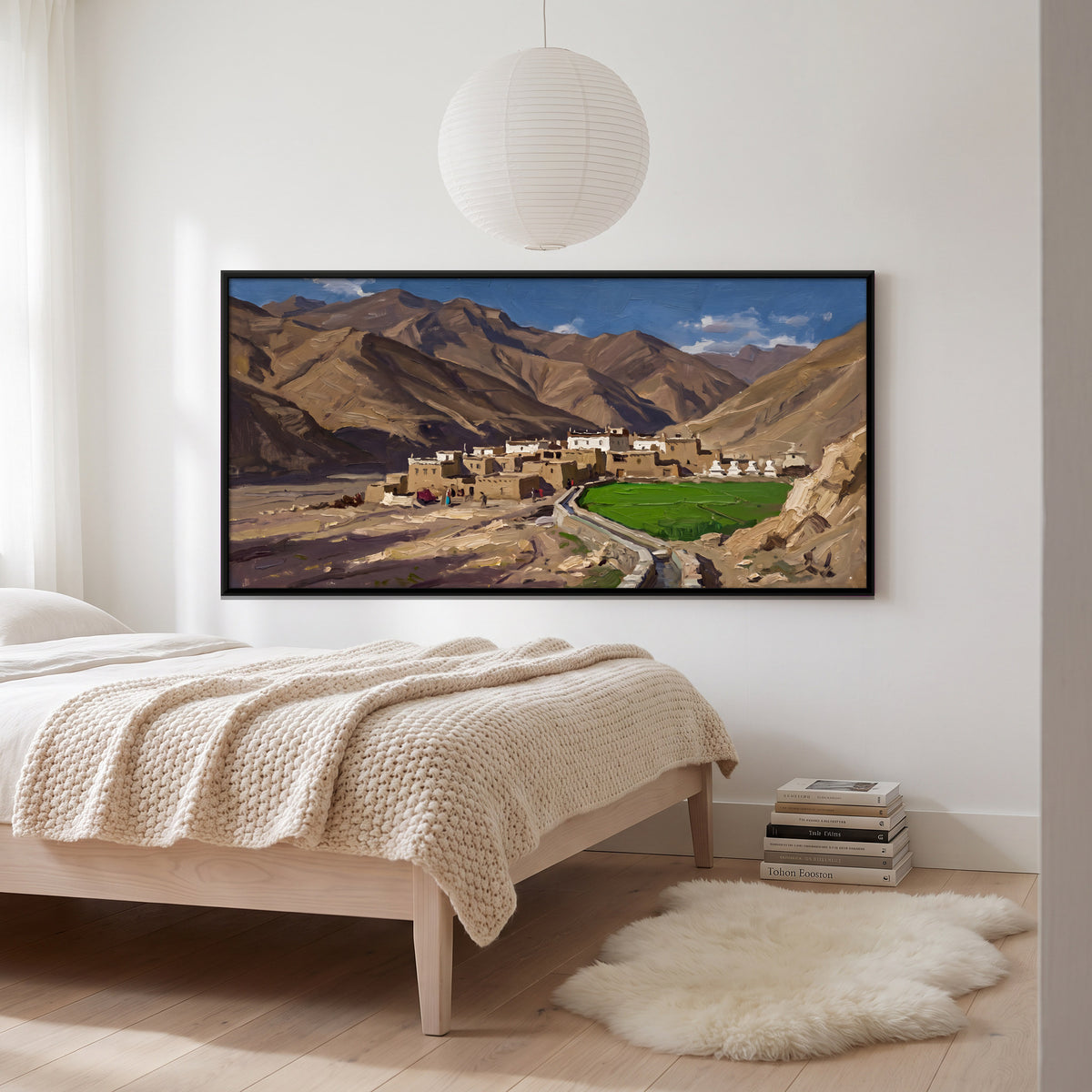 Himalayan Village and Green Fields - canvas art shown in a second room setting