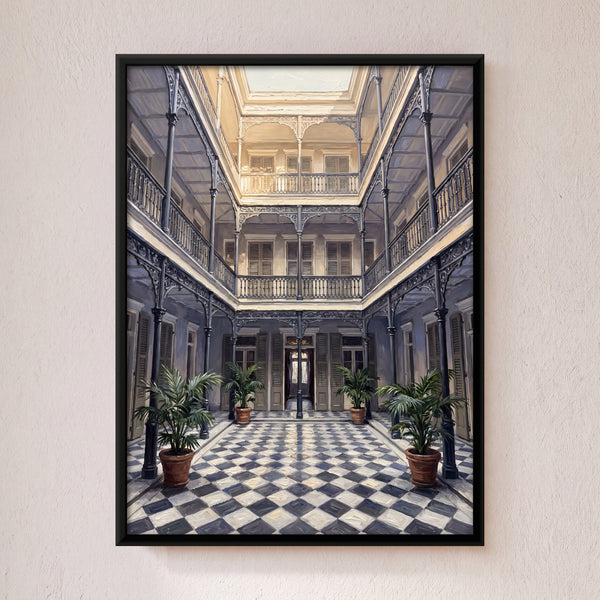 Chequered Courtyard with Potted Palms