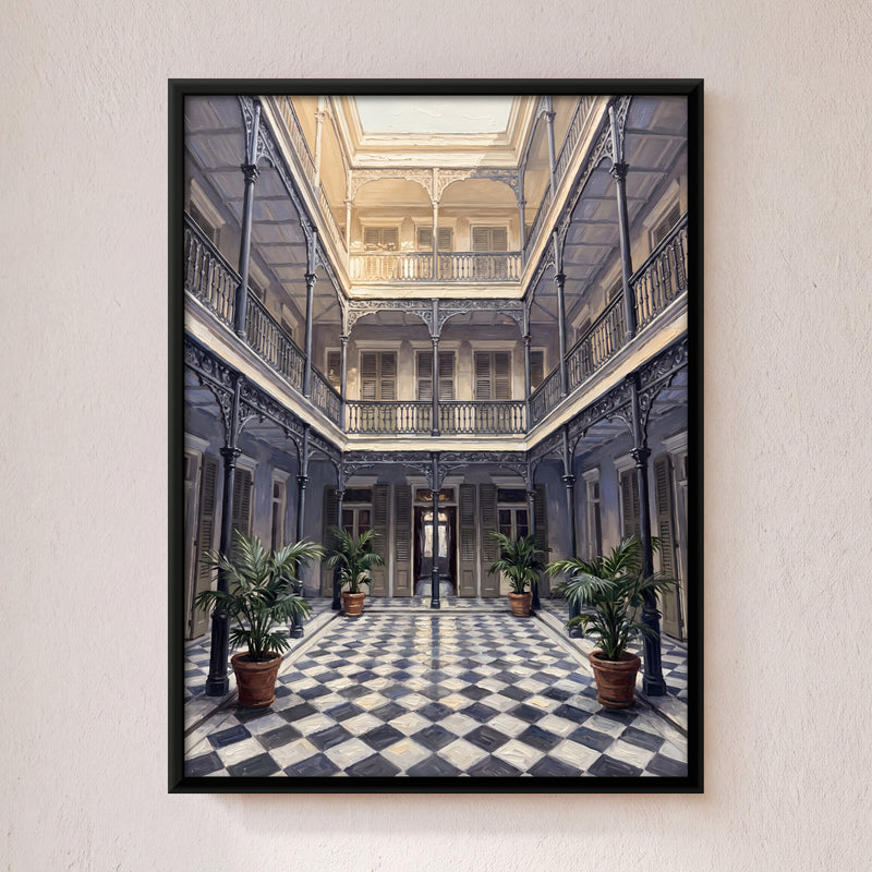 Chequered Courtyard with Potted Palms - framed canvas art hung on a wall