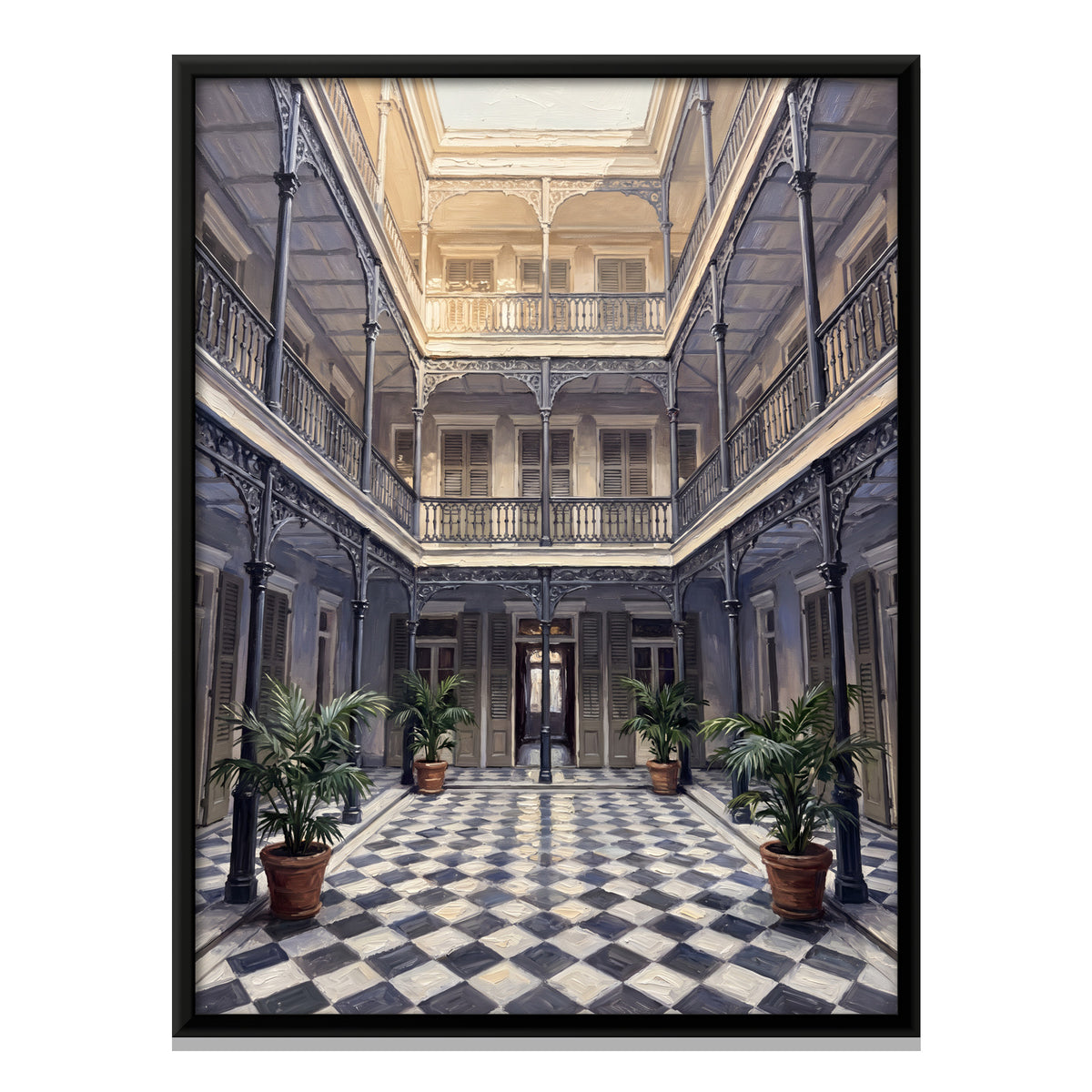 Chequered Courtyard with Potted Palms - framed canvas print, front view