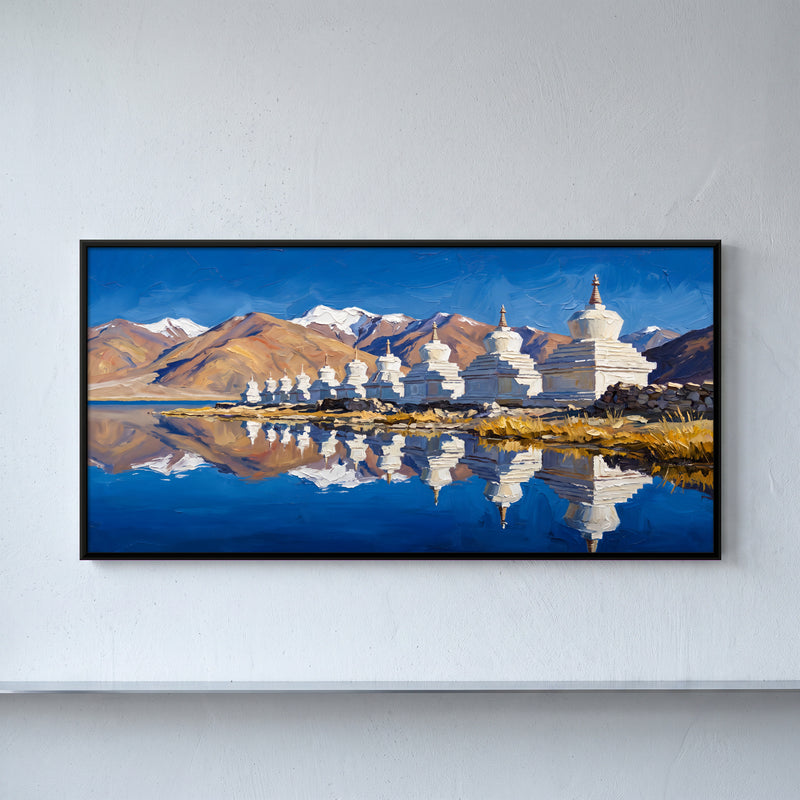 White Stupas by a Mountain Lake - framed canvas art hung on a wall