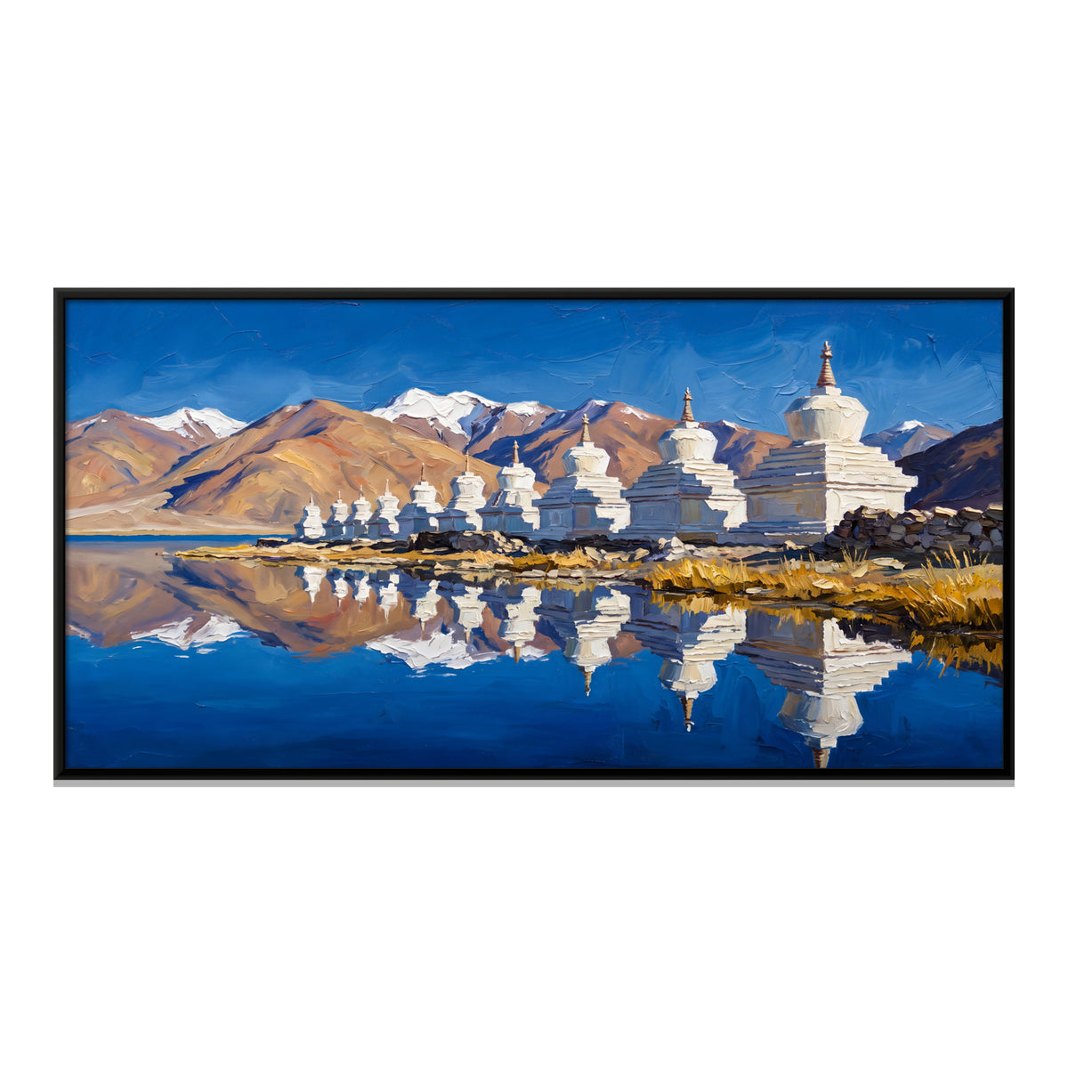 White Stupas by a Mountain Lake - framed canvas print, front view