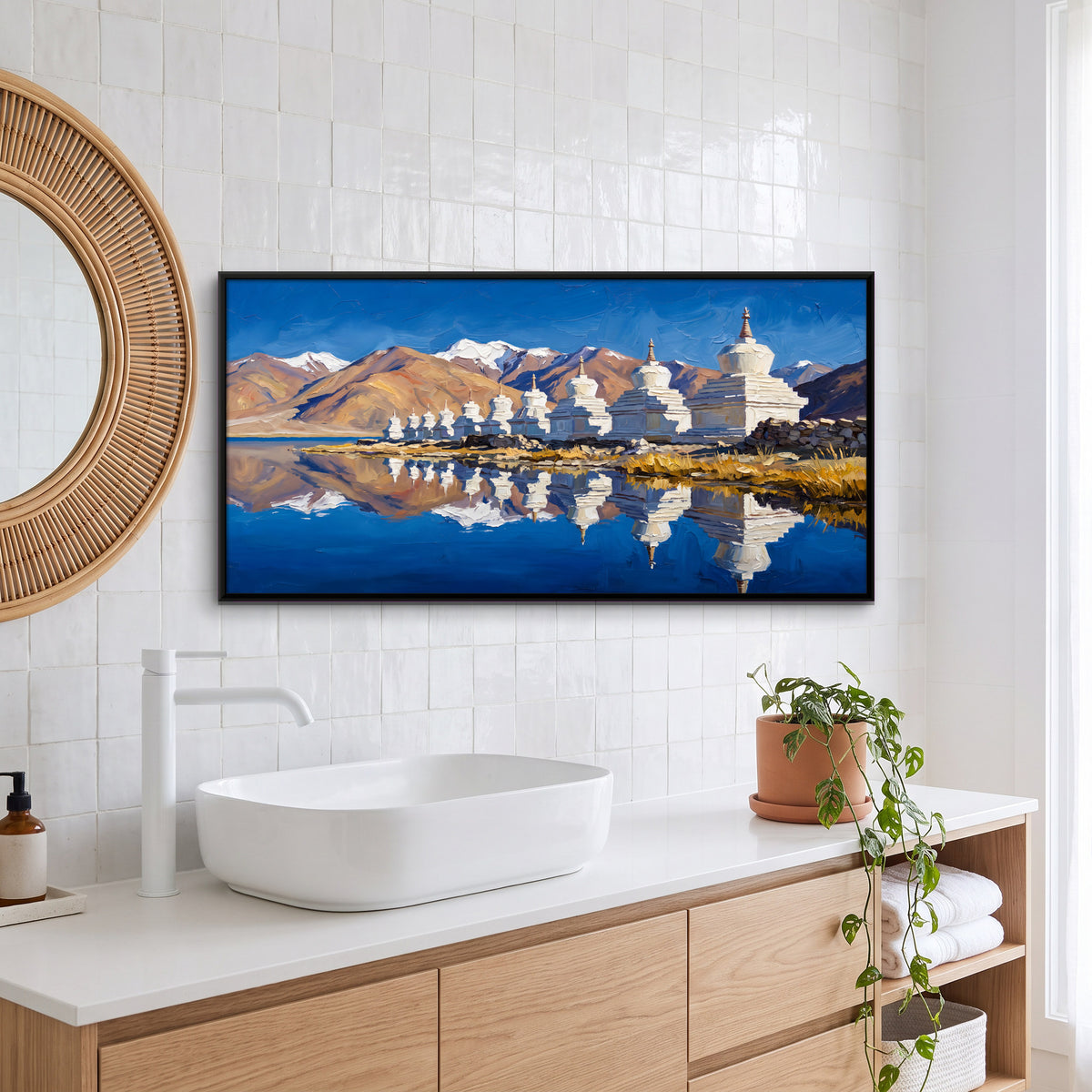White Stupas by a Mountain Lake - canvas art shown in a styled room