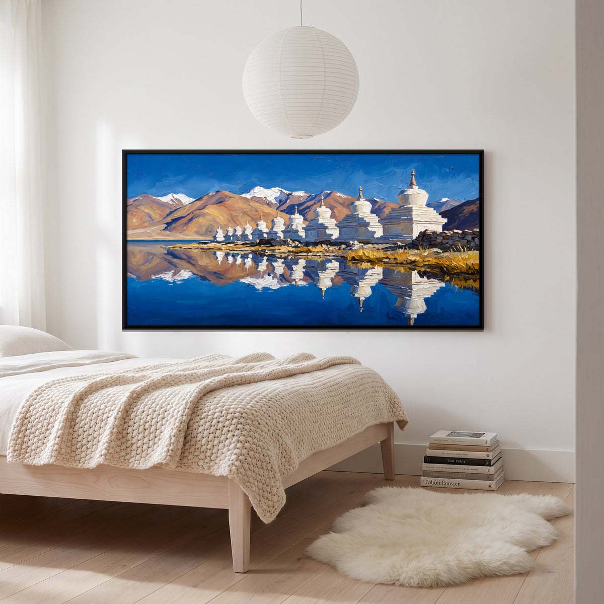 White Stupas by a Mountain Lake - canvas art shown in a second room setting