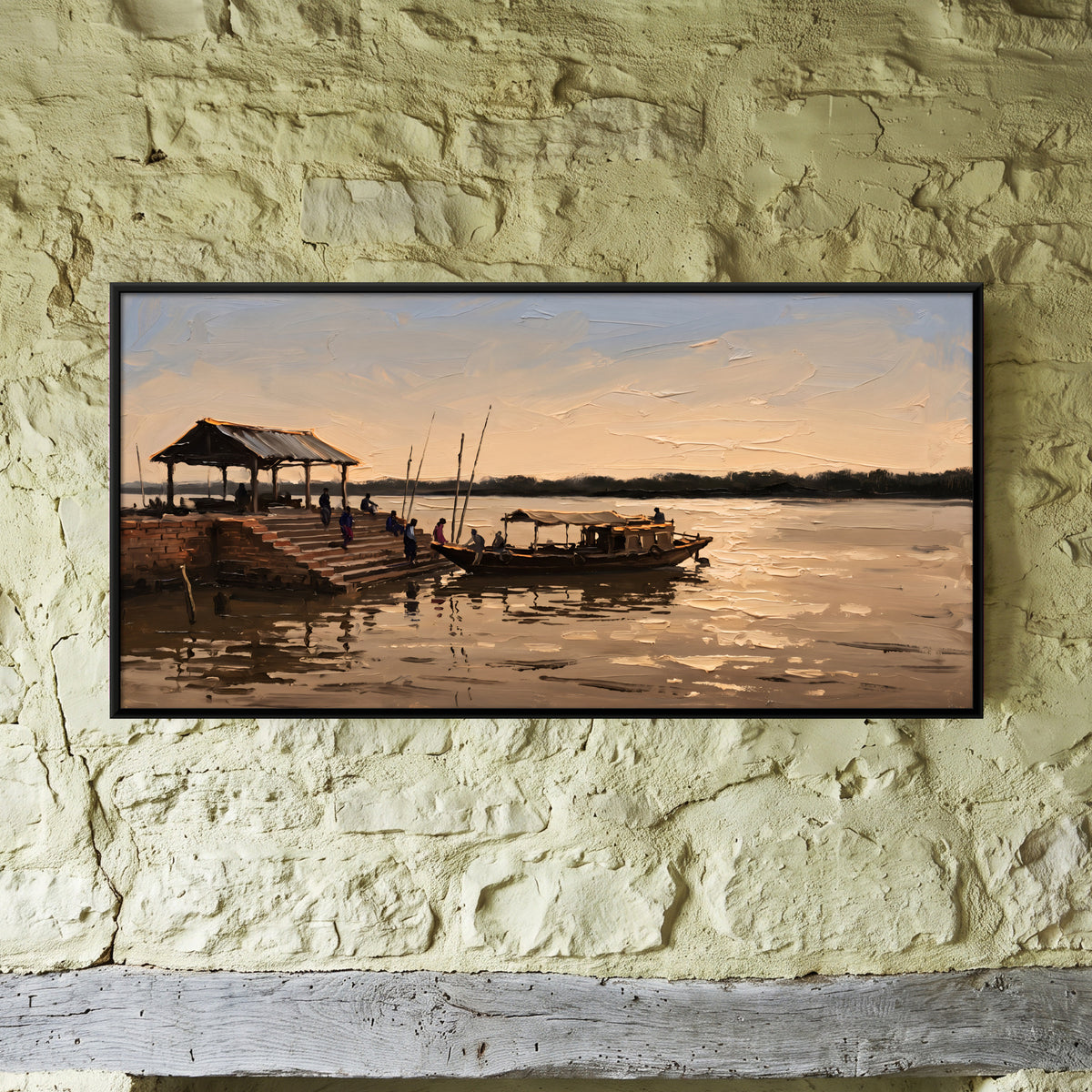 Boat at the River Ghat - framed canvas art hung on a wall