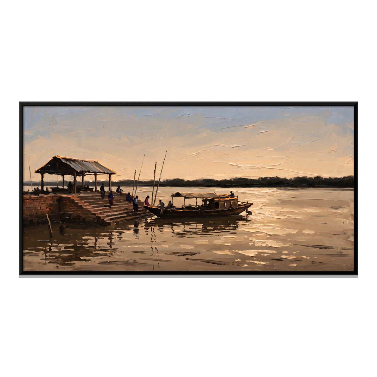 Boat at the River Ghat - framed canvas print, front view