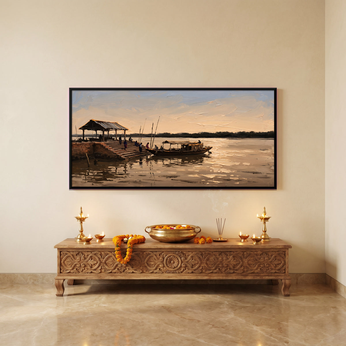 Boat at the River Ghat - canvas art shown in a styled room