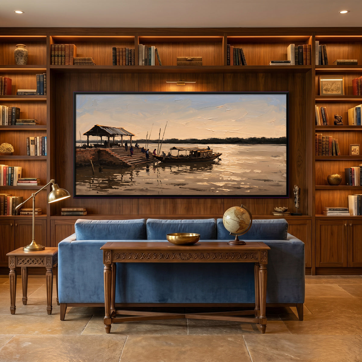 Boat at the River Ghat - canvas art shown in a second room setting