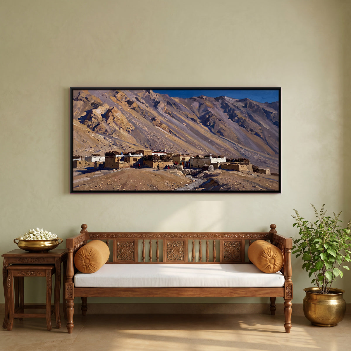 Village Beneath a Barren Mountain - canvas art shown in a styled room