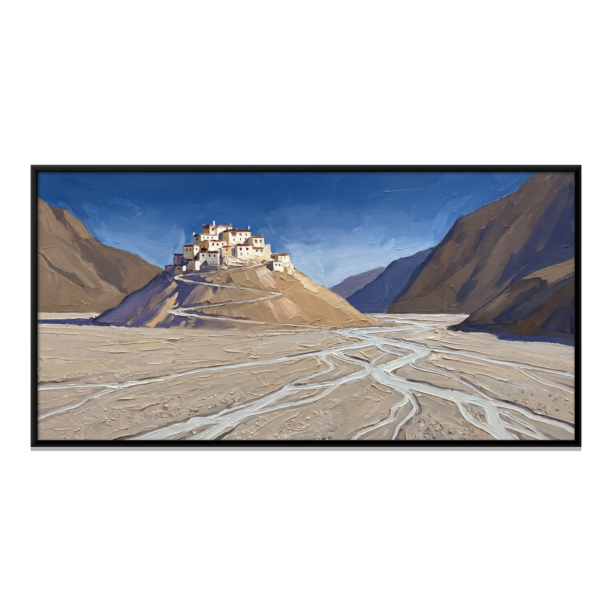 Himalayan Monastery Above a Braided River - framed canvas print, front view