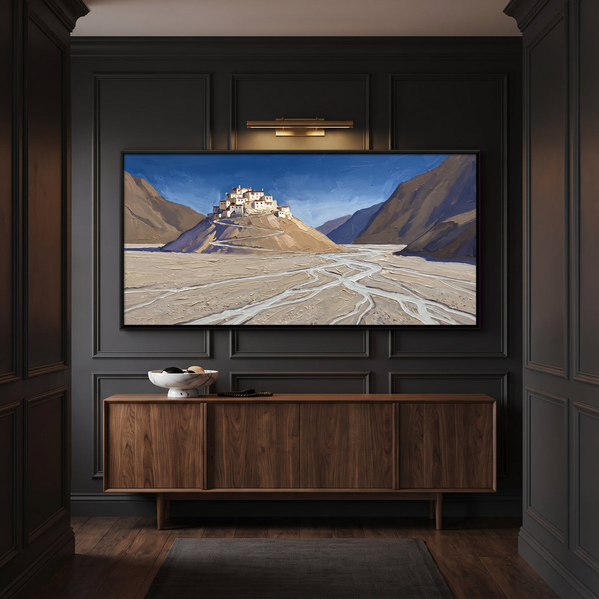 Himalayan Monastery Above a Braided River - canvas art shown in a second room setting
