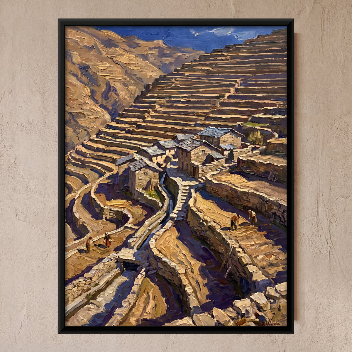 Terraced Fields on a Hillside - framed canvas art hung on a wall