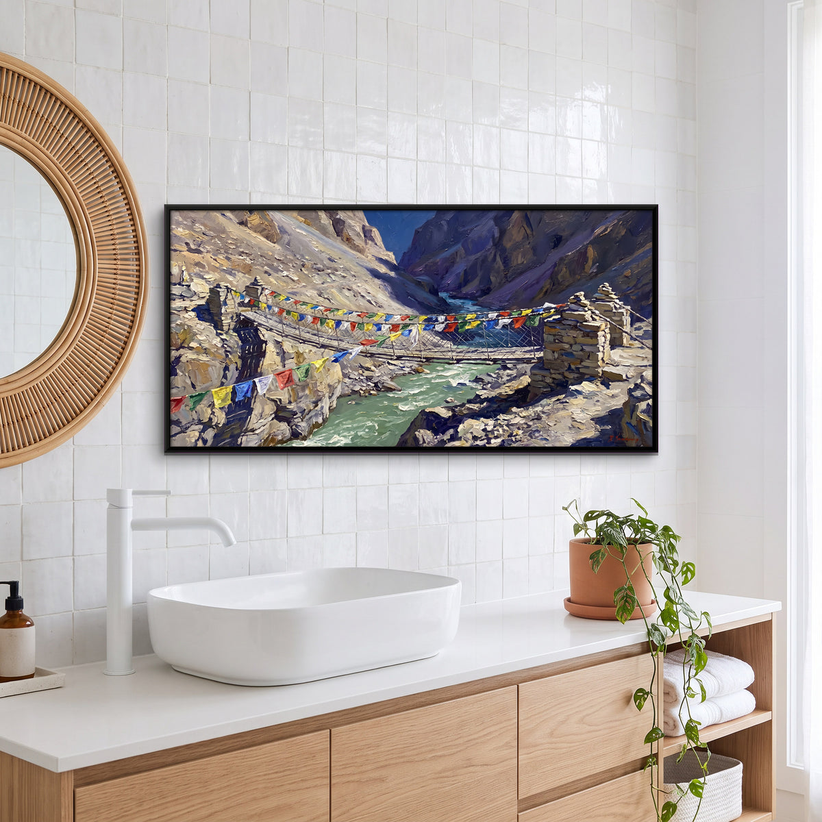 Suspension Bridge with Prayer Flags - canvas art shown in a styled room
