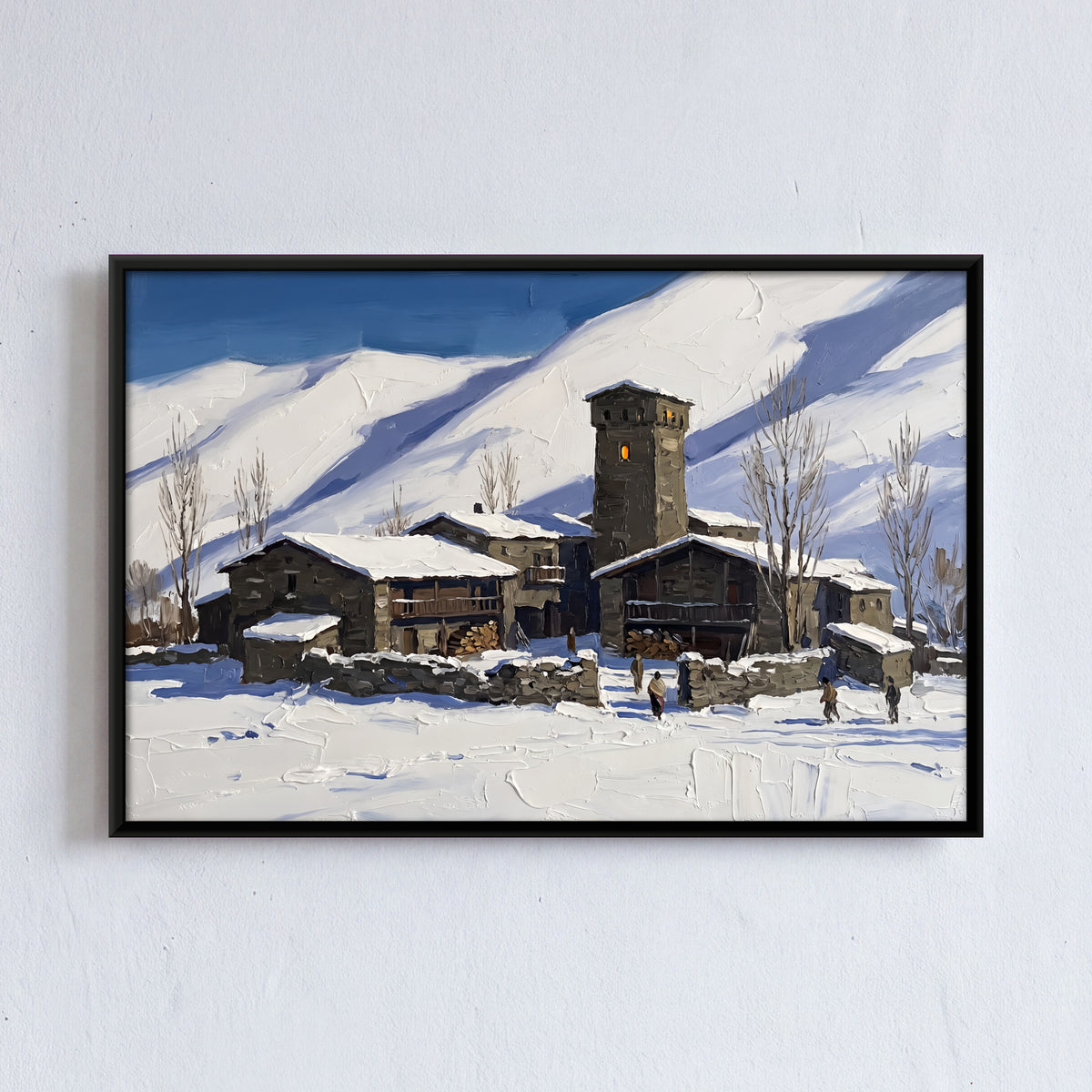 Stone Village in Deep Snow - framed canvas art hung on a wall
