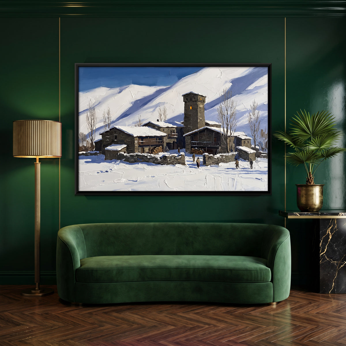 Stone Village in Deep Snow - canvas art shown in a styled room