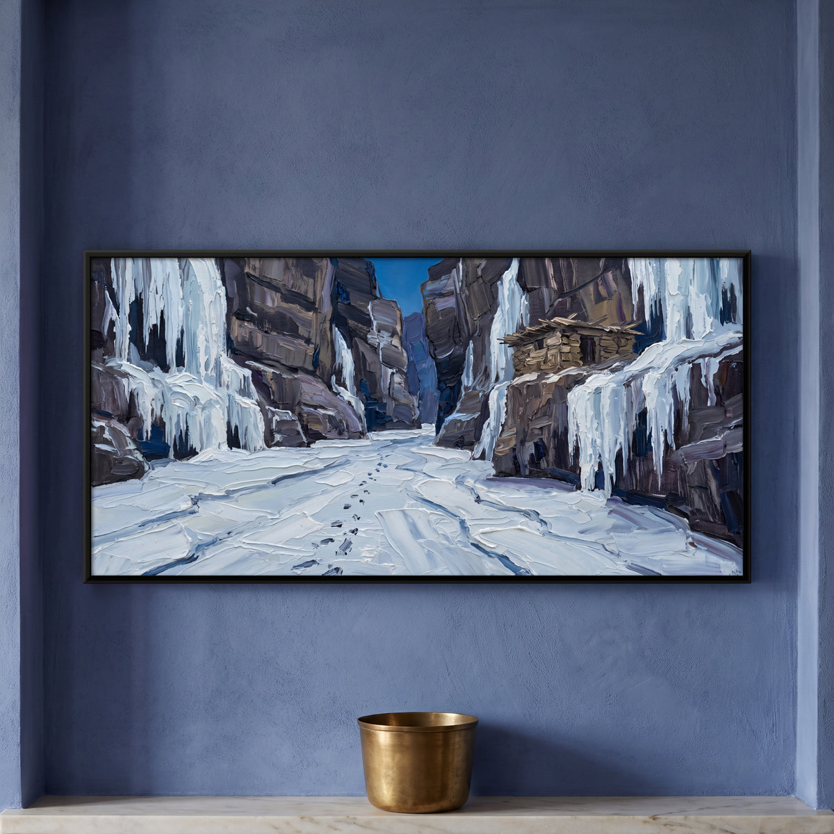 Frozen Waterfalls in a Gorge - framed canvas art hung on a wall