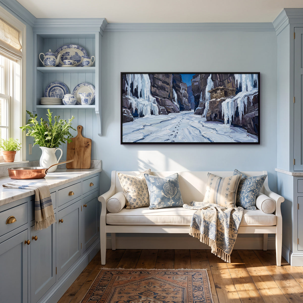 Frozen Waterfalls in a Gorge - canvas art shown in a styled room