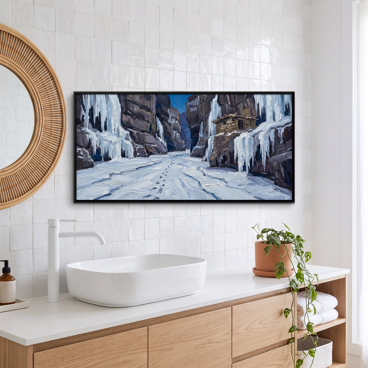Frozen Waterfalls in a Gorge - canvas art shown in a second room setting