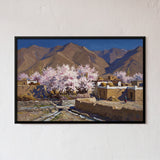 Mountain Village with Blooming Pink Trees