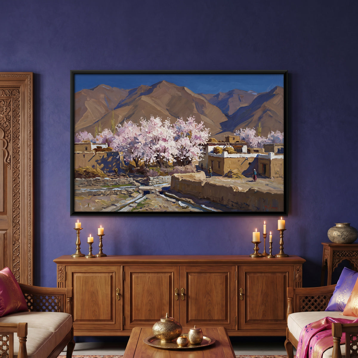 Apricot Blossom in a Mountain Village - canvas art shown in a styled room