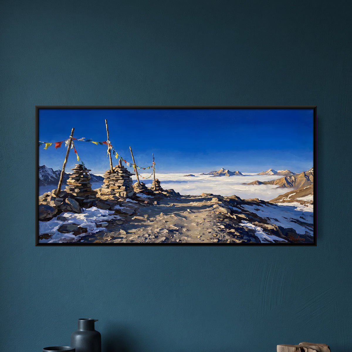 Prayer Flag Cairns Above the Clouds - framed canvas art hung on a wall