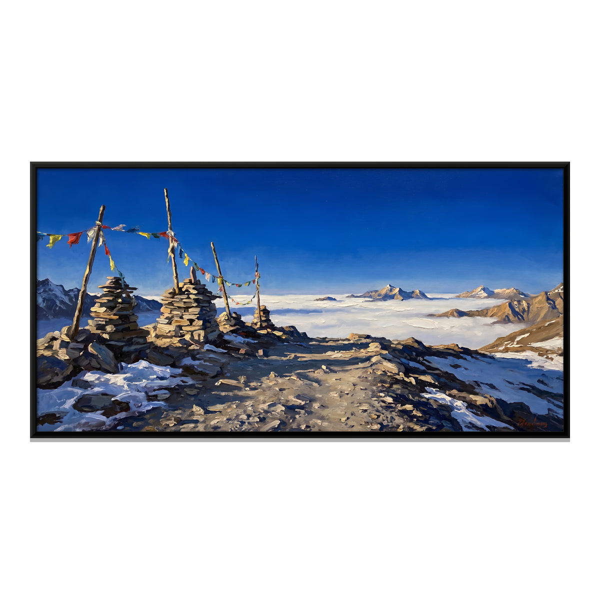 Prayer Flag Cairns Above the Clouds - framed canvas print, front view