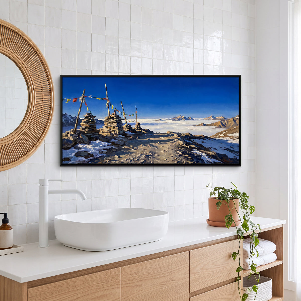 Prayer Flag Cairns Above the Clouds - canvas art shown in a styled room