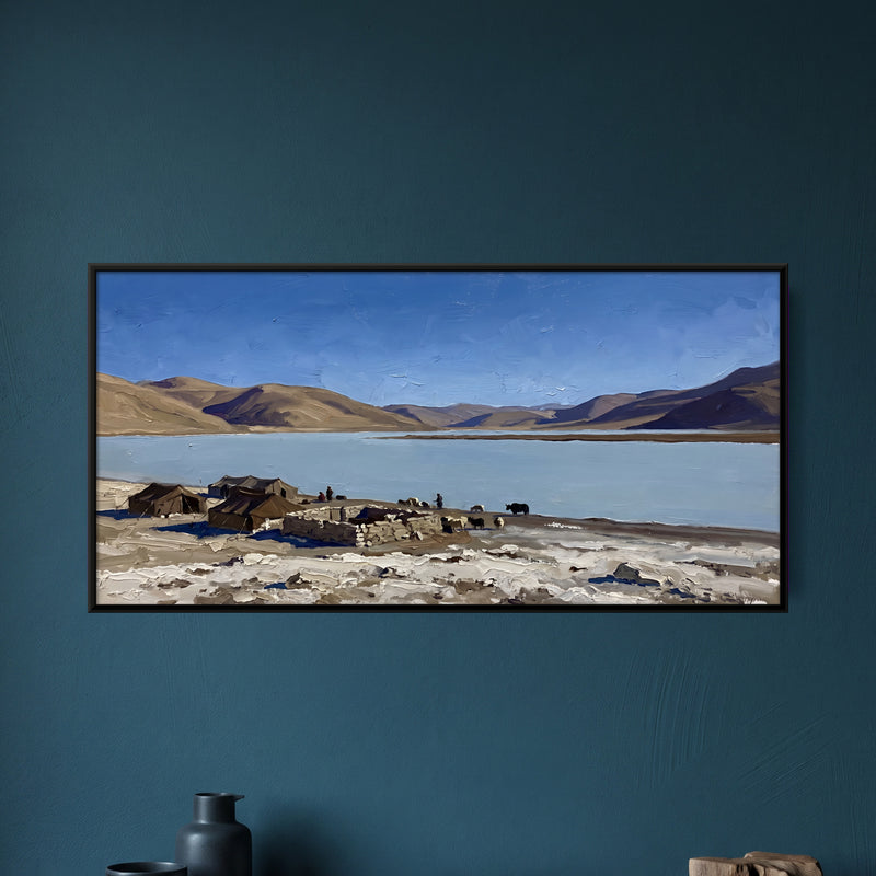 Nomad Camp by a High Lake - framed canvas art hung on a wall