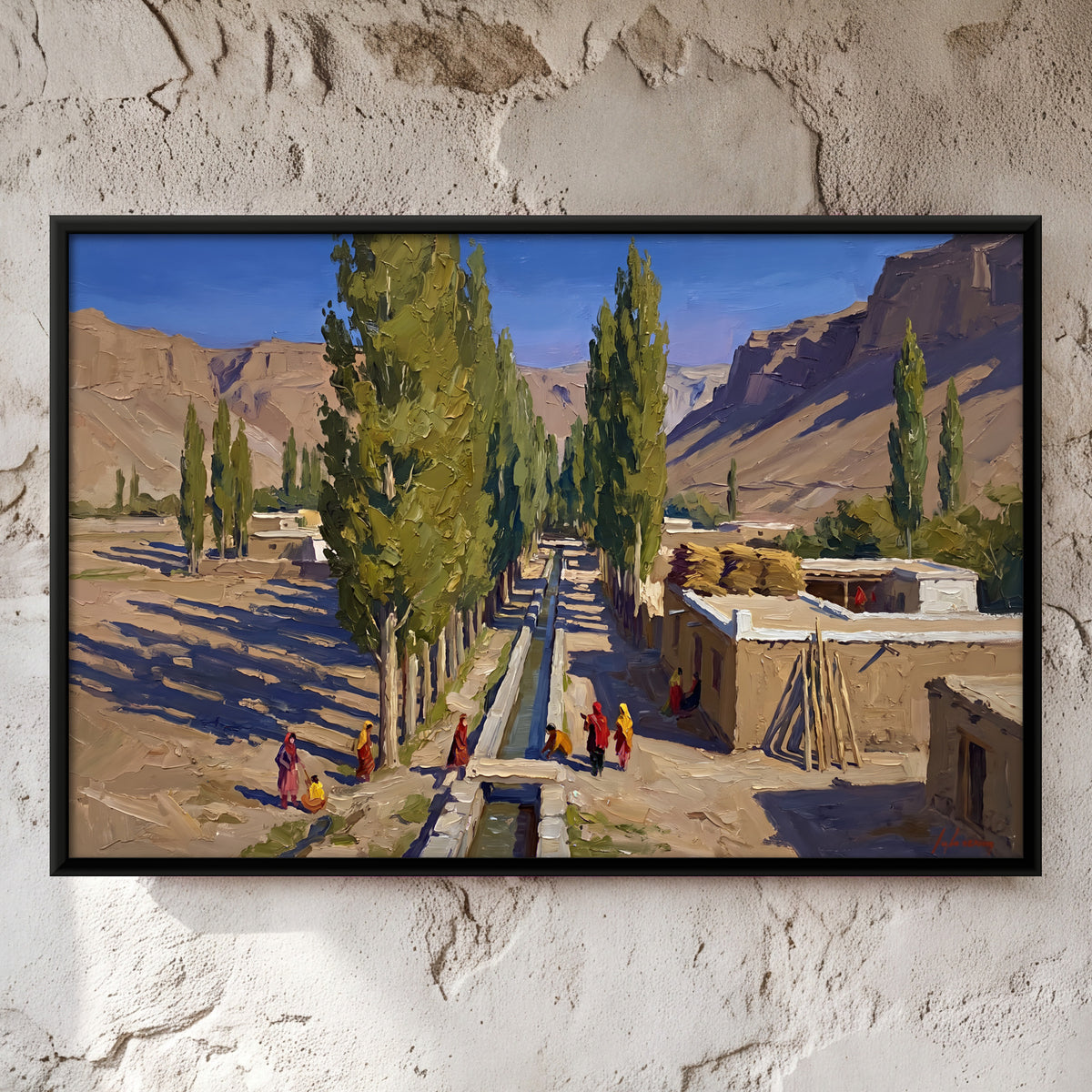 Poplars Along a Village Channel - framed canvas art hung on a wall