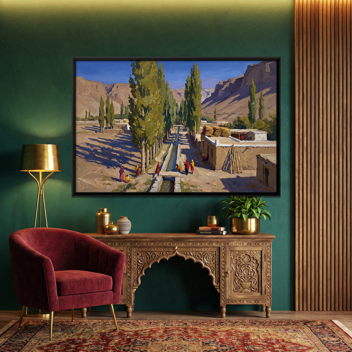 Poplars Along a Village Channel - canvas art shown in a styled room