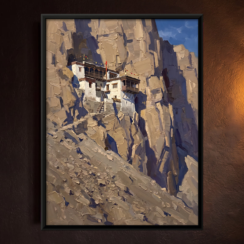 Monastery on a Cliff - framed canvas art hung on a wall