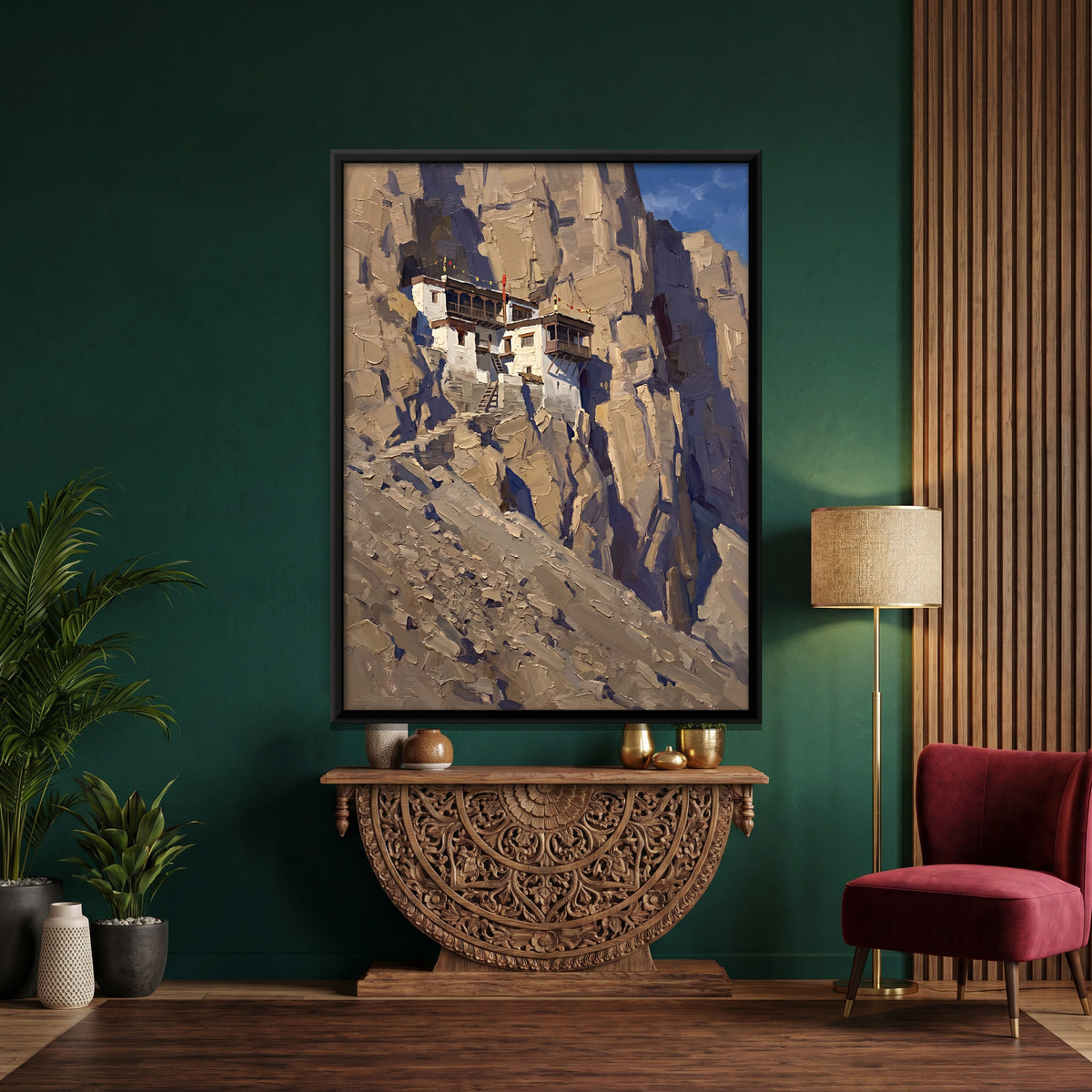 Monastery on a Cliff - canvas art shown in a styled room