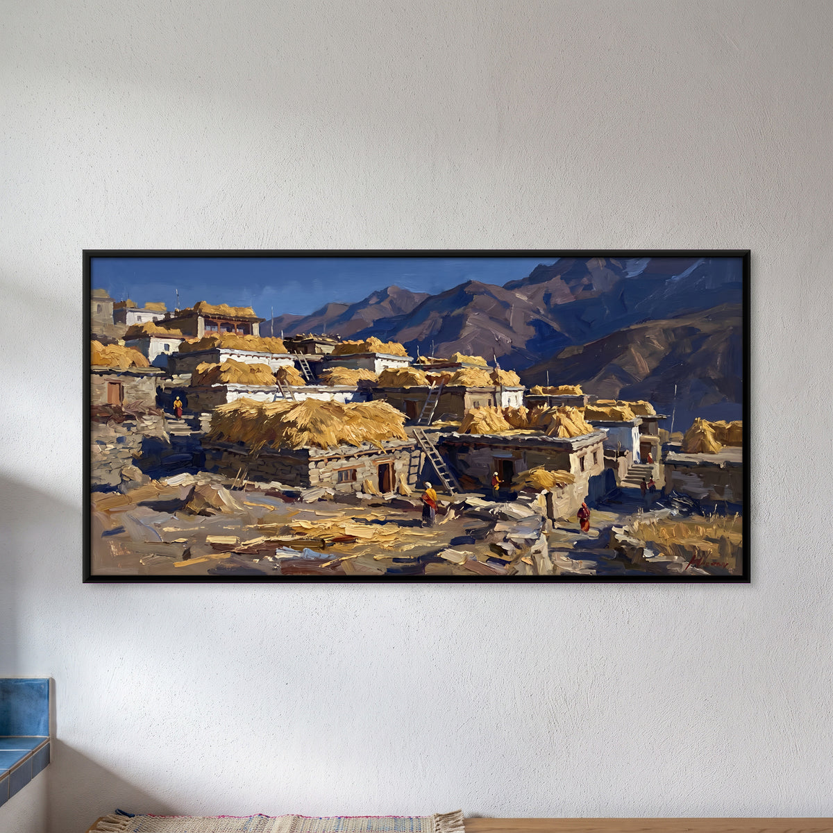 Mountain Village with Rooftop Haystacks - framed canvas art hung on a wall