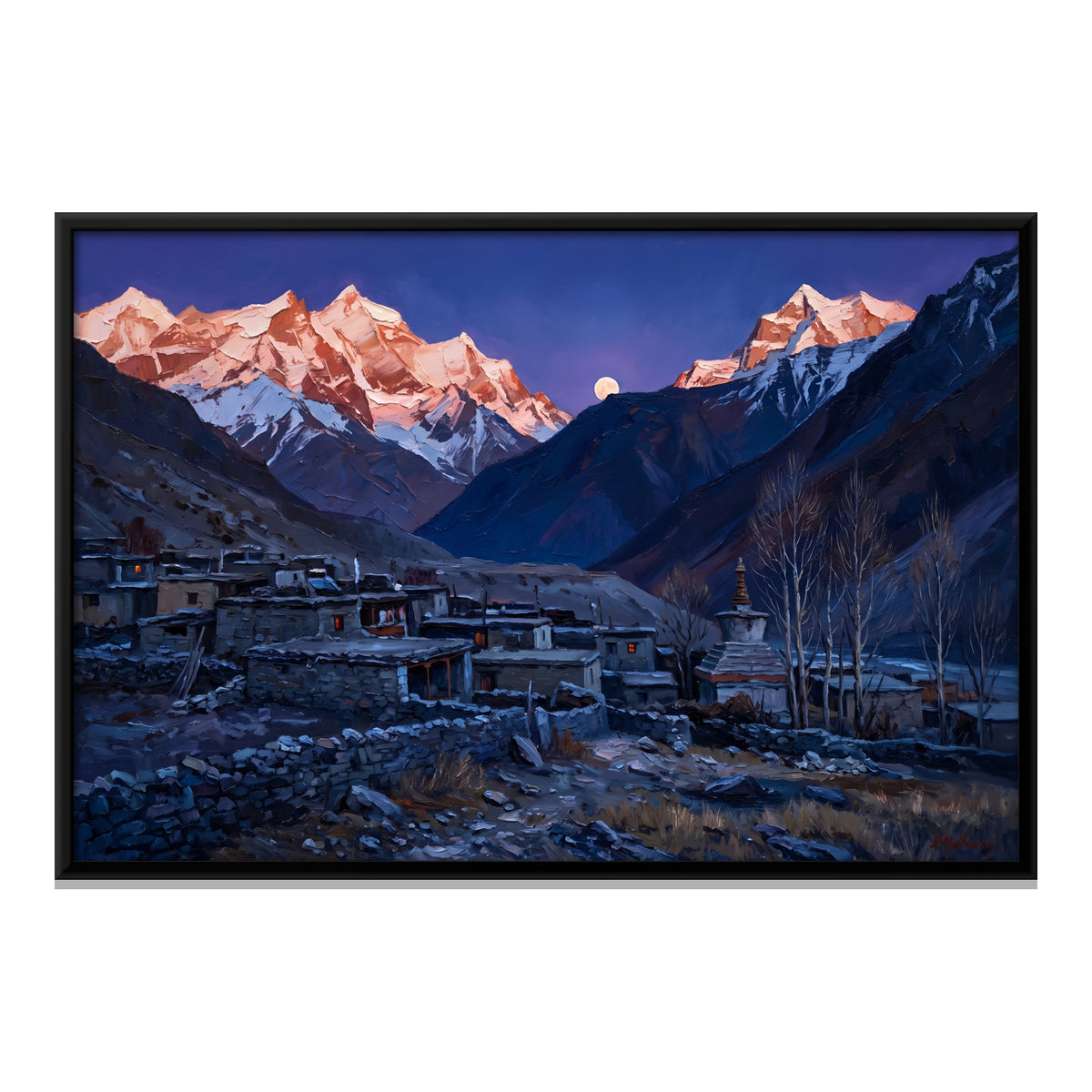Moonrise over a Himalayan Village - framed canvas print, front view