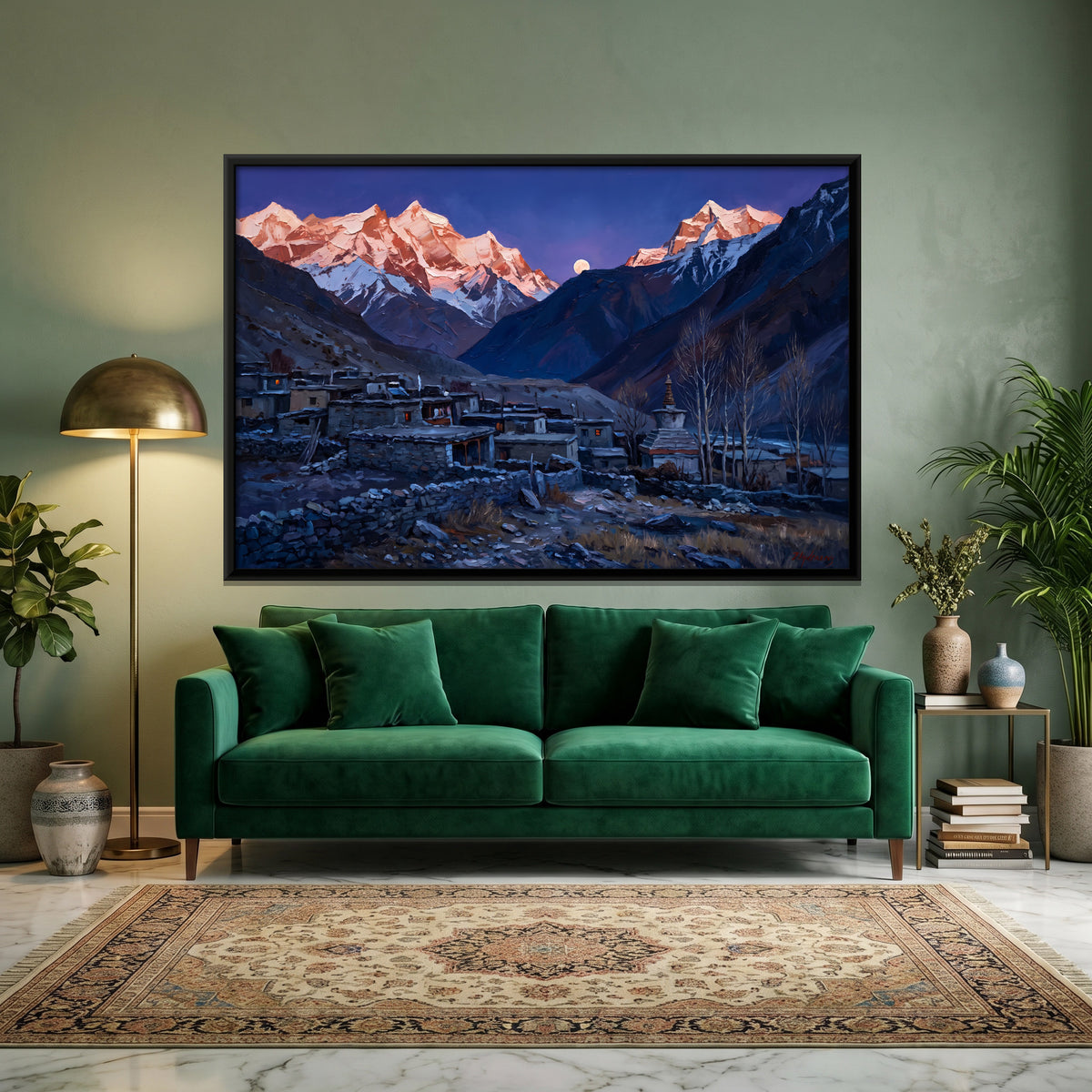 Moonrise over a Himalayan Village - canvas art shown in a styled room