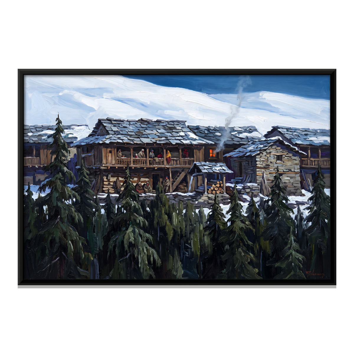 Timber Hill Village in Snow - framed canvas print, front view