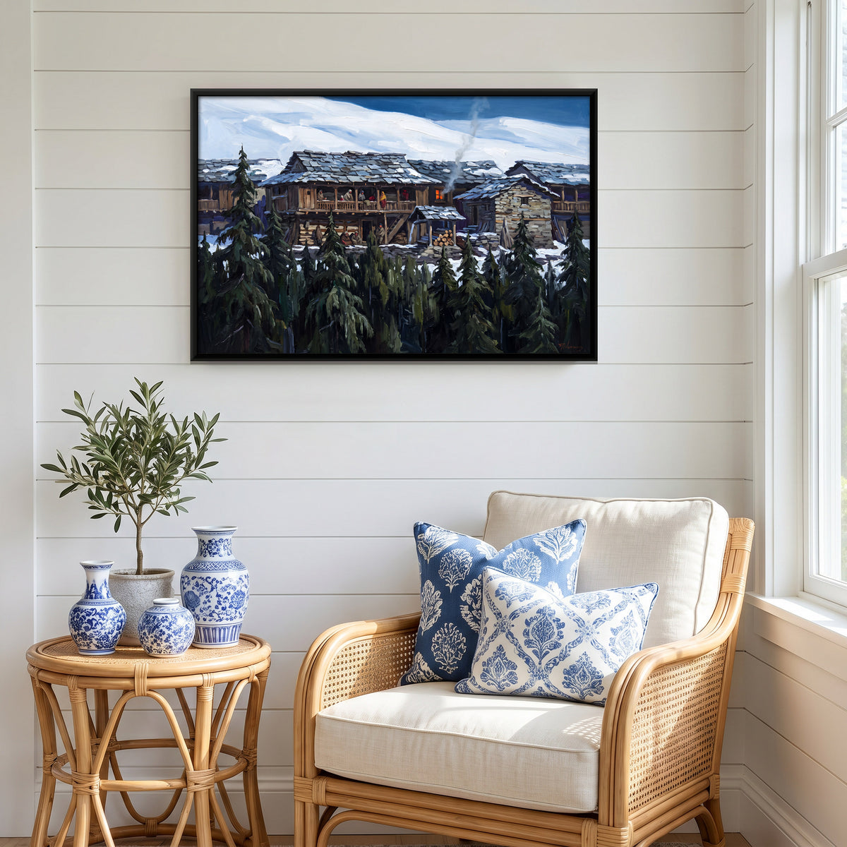 Timber Hill Village in Snow - canvas art shown in a styled room