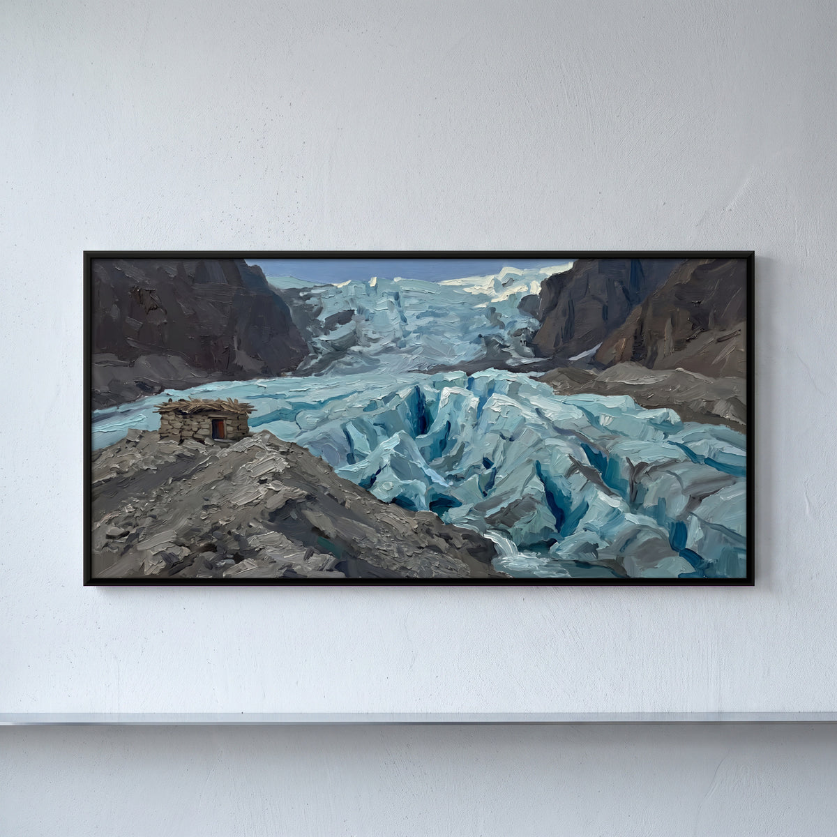 Blue Glacier Between Moraine Ridges - framed canvas art hung on a wall