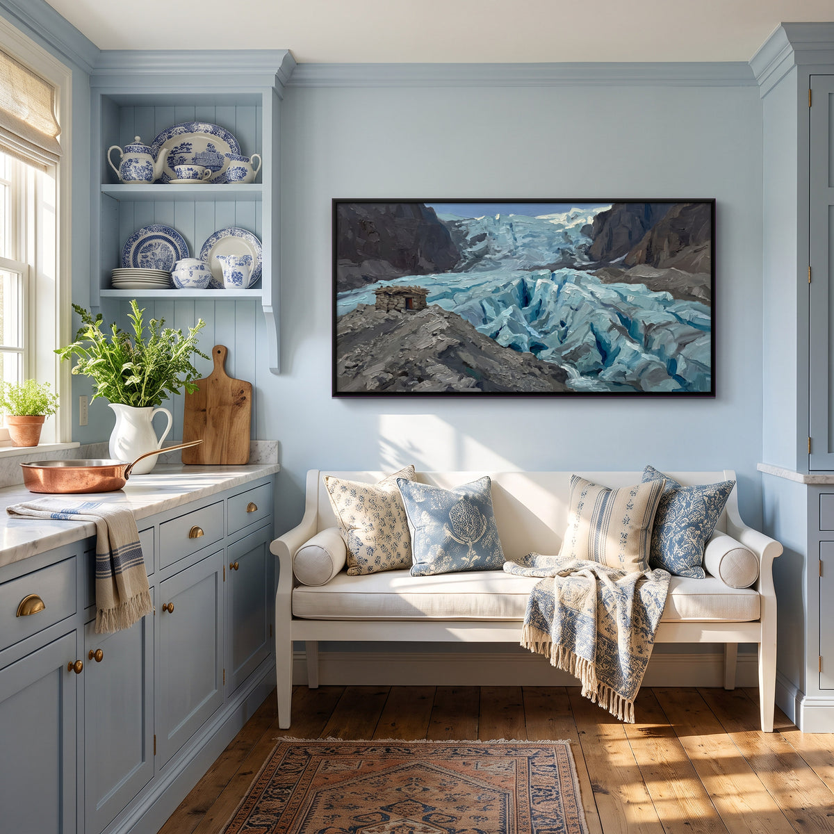 Blue Glacier Between Moraine Ridges - canvas art shown in a styled room
