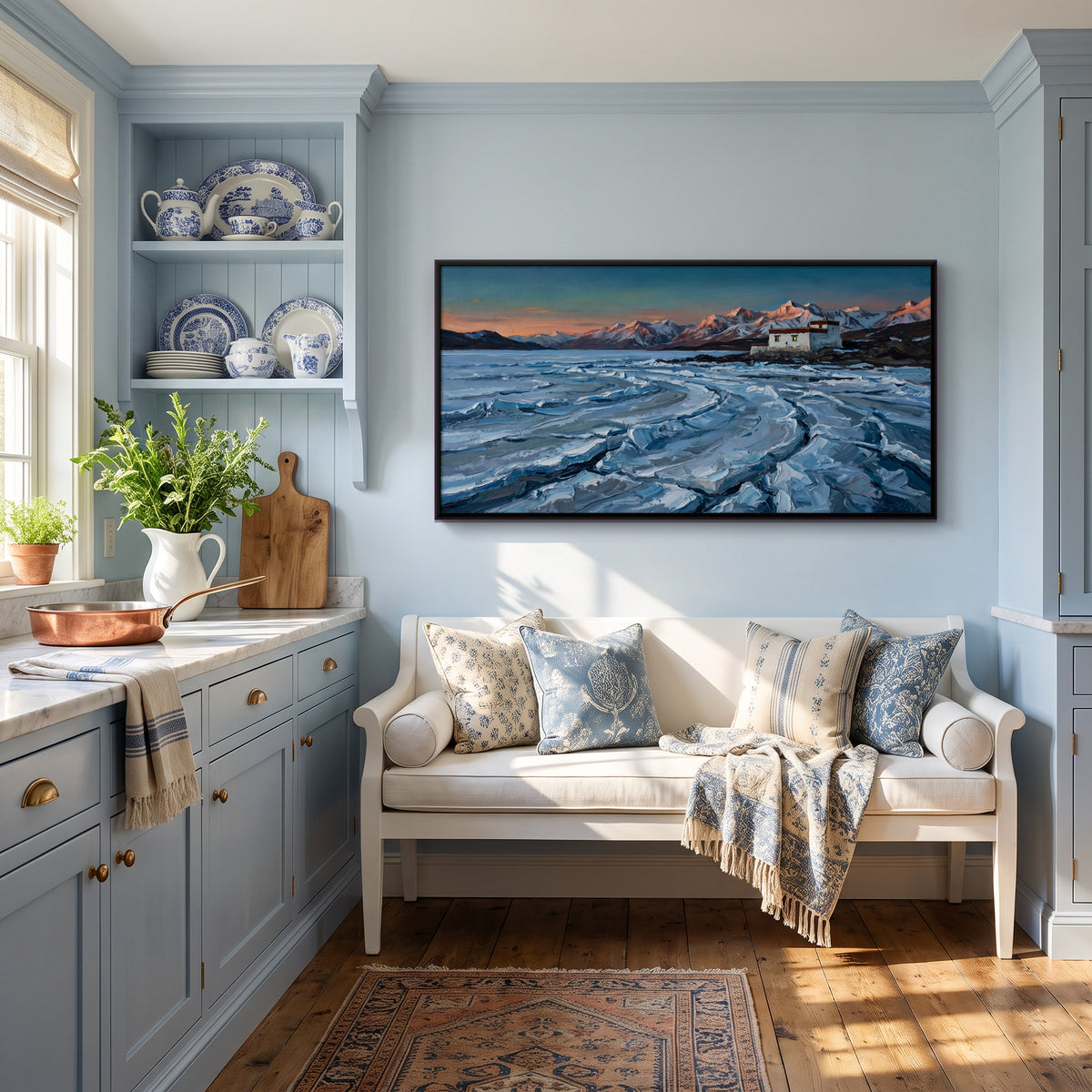 Frozen River at Sunset - canvas art shown in a styled room