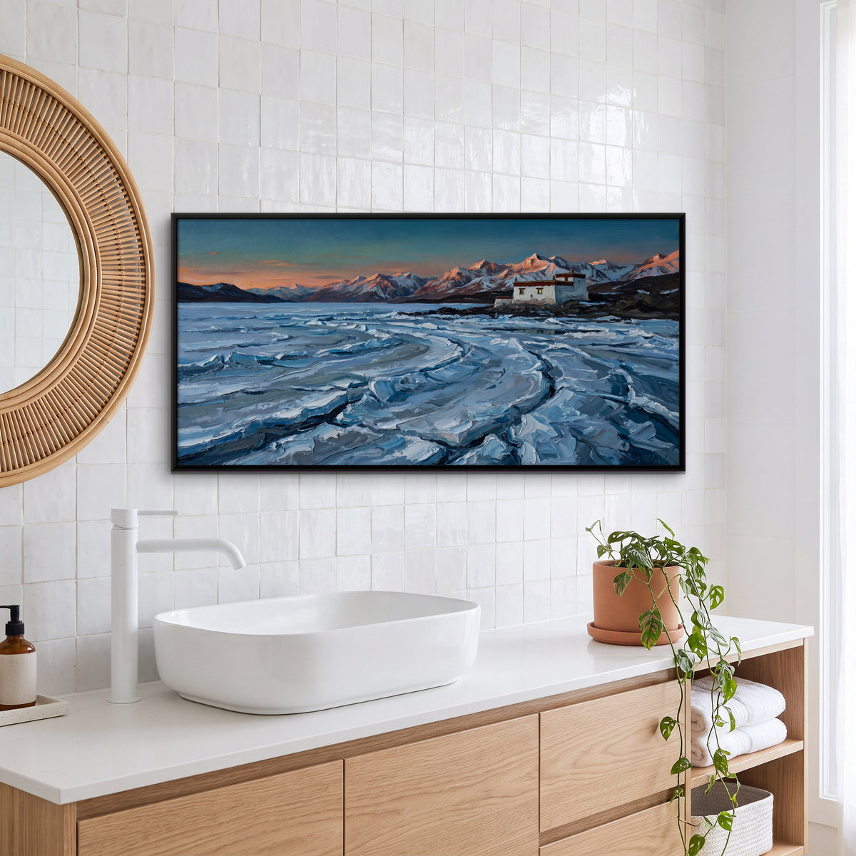 Frozen River at Sunset - canvas art shown in a second room setting
