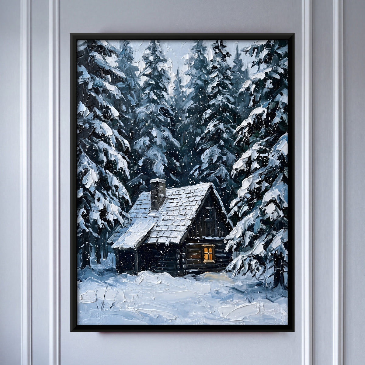 Cabin in Snowy Woods - framed canvas art hung on a wall